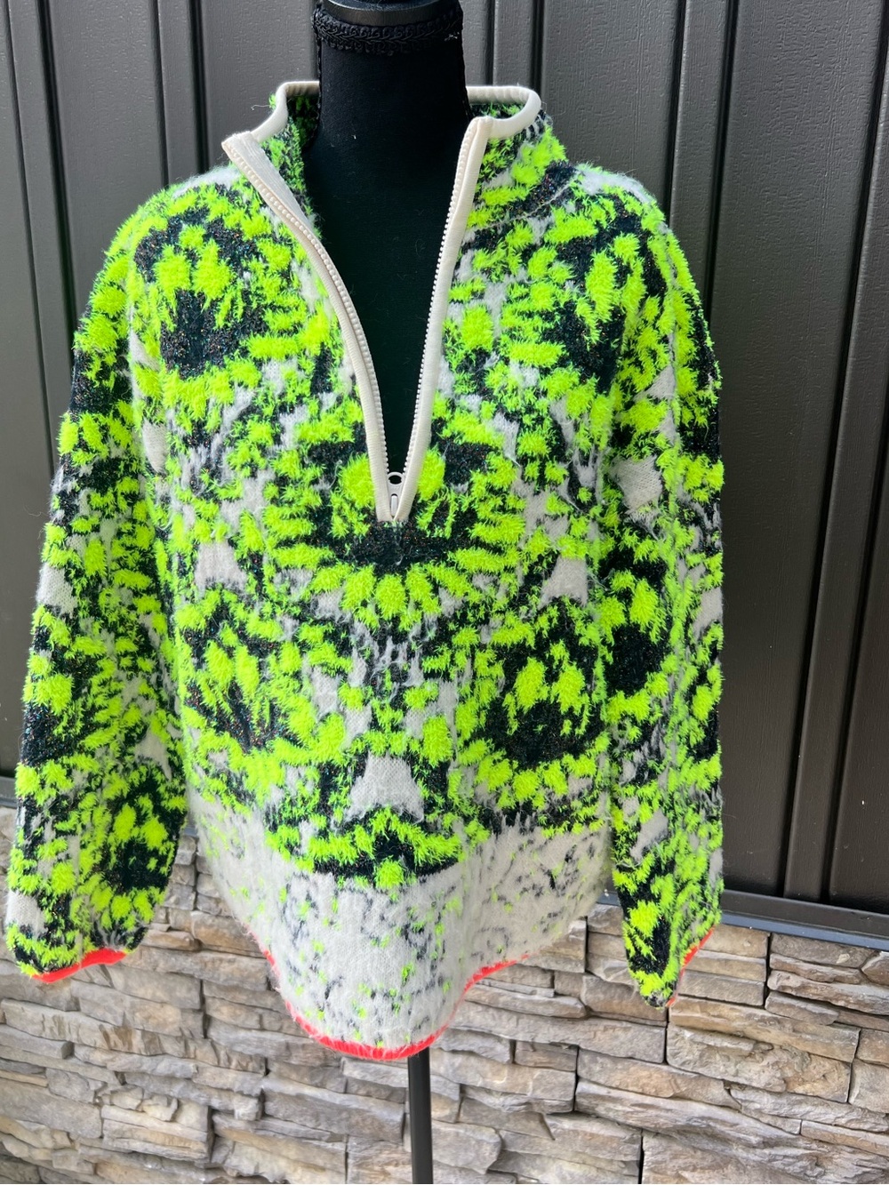 Anthropologie Neon Green & Black Patterned Half-Zip Sweater